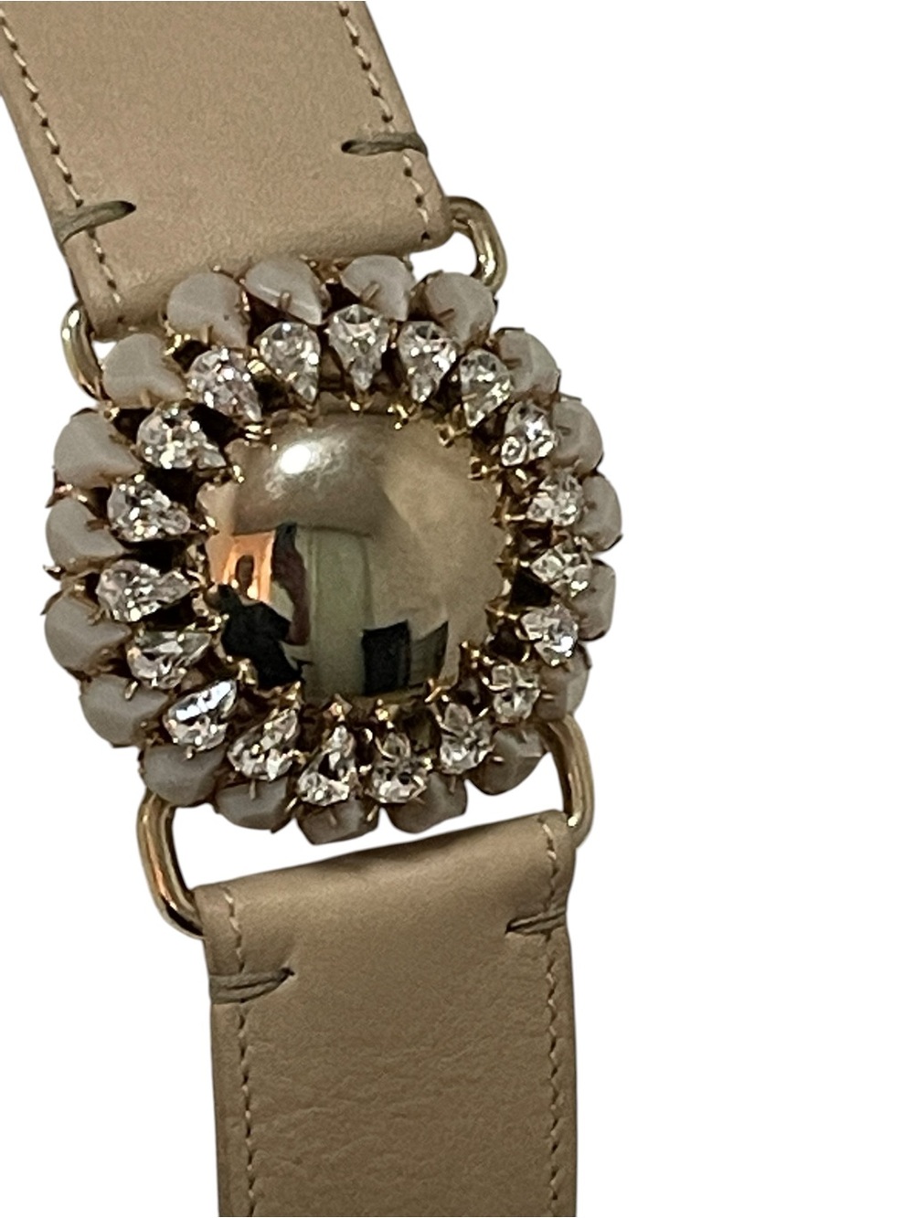 Kor & Kor Italy Belt Beige Leather & Canvass Adjustable 1980's Crystal Buckle